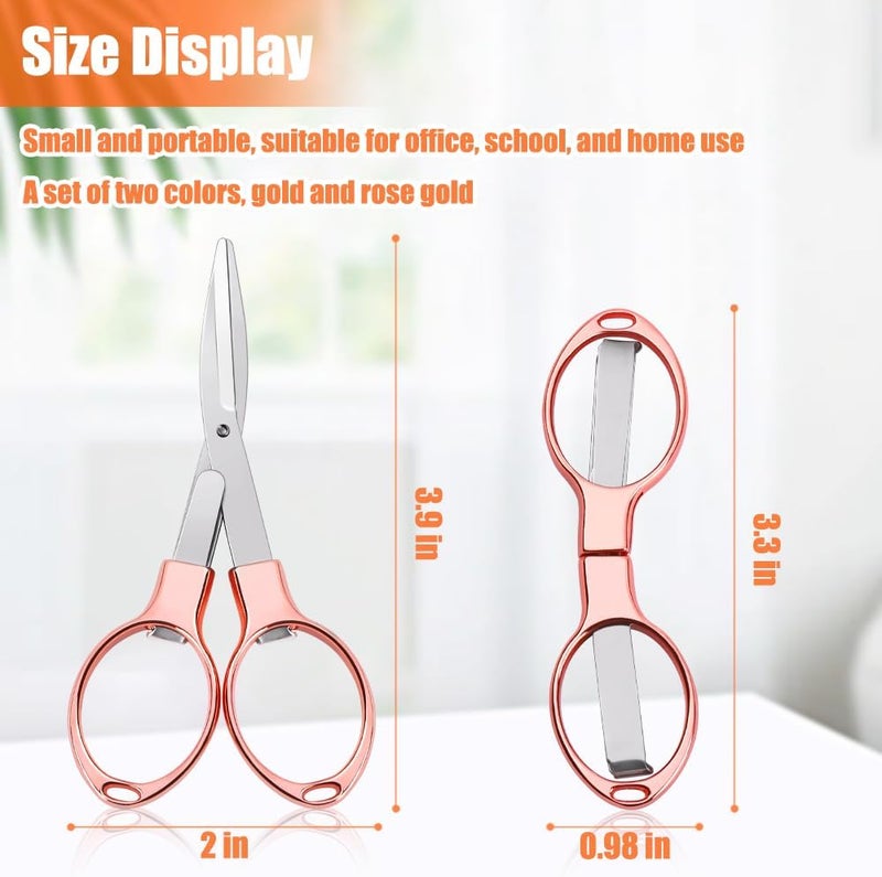 Vicsamer 2PCS Folding Scissors, Portable Travel Scissor, Gift for Men Glasses Shaped Mini Shear Telescopic Cutter, Anti Rust Stainless Steel Scissors for Fishing Sewing Home Office (Rose Gold, Gold) - Image 2